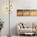 Dimmable Industrial Floor Lamp with 3 LED Edsion Bulbs, Farmhouse Tall Standing Lamp for Living Room, Rustic Brown Tree Floor Lamp, Bright Vintage Pole Light with Cage Shades for Bedroom Home Decor