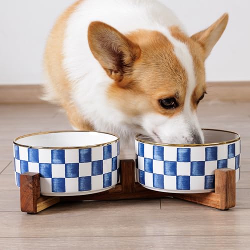 Ceramic Dog Bowls for Medium Dogs, 3.5 Cup Checkered Dog Food and Water Bowl with Acacia Wood Stand, Non-Slip Anti-Tip Elevated Feeding Station, Blue and White - Image 6