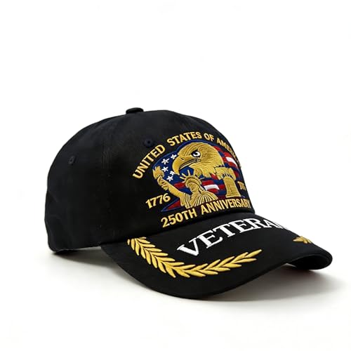 Grewgty 250th Anniversary USA Hat, Adjustable American 250 Merchandise Veteran Tribute Retro Embroidered Baseball Cap (Black)