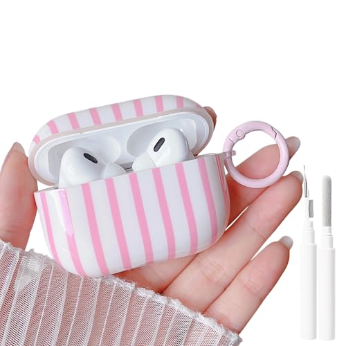 Image of MINSCOSE for AirPods Pro 2nd /1st Generation Clear Case,Cute Striped Pattern Design with Girly Keychain Ring,Soft TPU Protective Shockproof Cover with Cleaner Kit for Airpods Pro /Pro 2-Pink