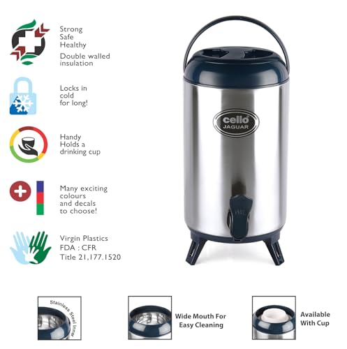 Image of CELLO Jaguar Vacuum Insulated Thermos Water Jug for Kitchen 10 Litre Blue | Easy to Fill & Clean Wide Mouth, Press and Pour Tap Double Wall Hot and Cold Stainless Steel Water Jug for Picnic and Office