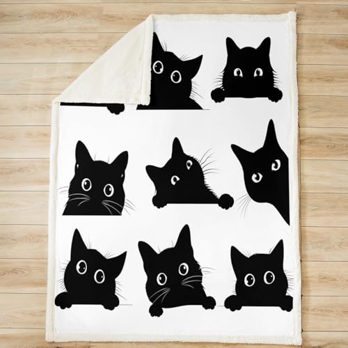 Image of Feelyou Black Cat Blanket for Kids Toddler Cute Pet Cats Pattern Fleece Throw Blanket Lovely Kitten Plush Blankets and Throws Super Soft Cozy Animal Sherpa Blanket for Couch Bed Sofa 50 inchx60 inch White