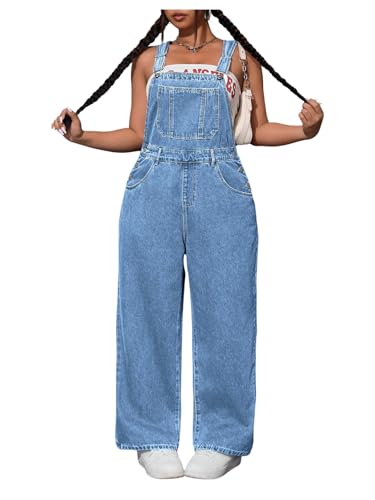 WDIRARA Women's Plus Size Denim Overall Straight Leg Jean Jumpsuit