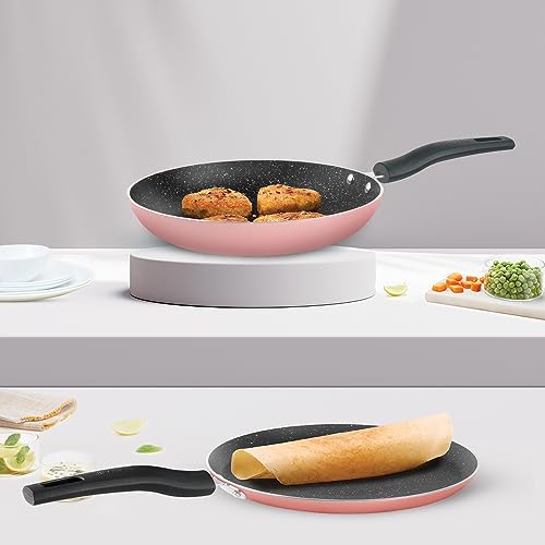 Image of Borosil Festive Glory Non-Stick Set of 2 Tawa (25 cm) and Fry Pan (24 cm), Gas Stove & Induction Compatible, Metal Spoon Friendly, Pink Exterior, Thick Uniform Body, Stir Fry Pan, Tava for Prantha