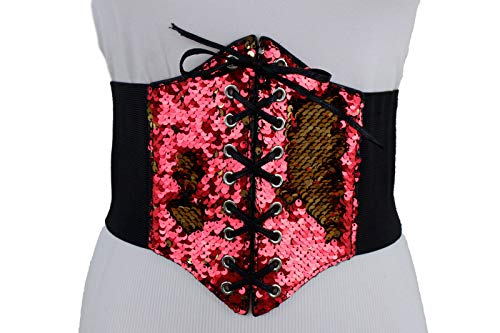 Women Wide Elastic Strap Corset Belt Bling High Waist Red Gold Sequins Fit Size S M4