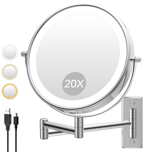 LANSI 1X/20X Wall Mounted Makeup Mirror with Lights, 8" Double Sided Bathroom Magnifying Mirror with 360° Extension Arm, Dimmable, Rechargeable, Touch Control, Chrome