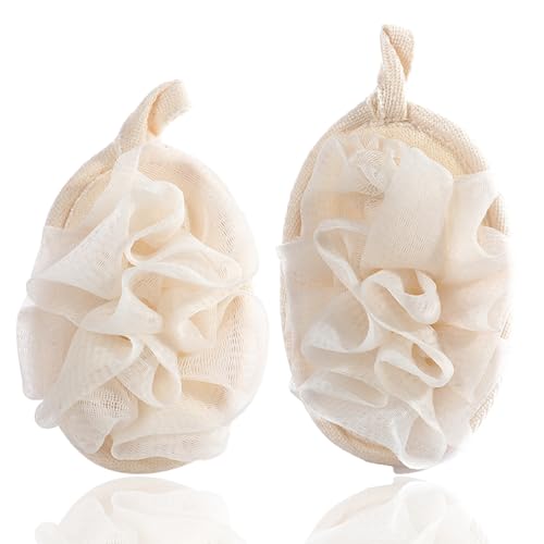 2 PCS Natural Loofah Sponge Shower Sponge Double-Sided Shower Loofah Exfoliating Sponge Bath Sponges Body Sponges for Shower Deep Cleans and Removes Dirt Exfoliating Body for Men and Women (White)