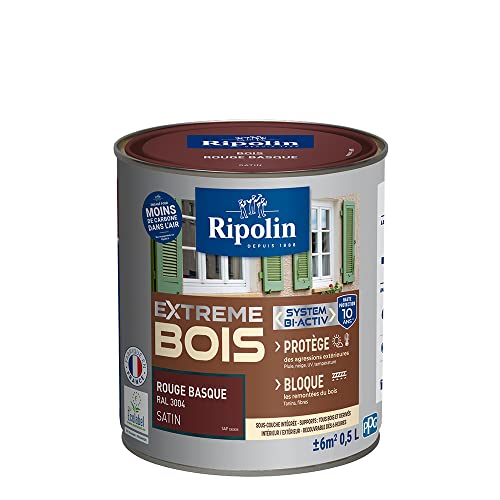 RIPOLIN - Peinture pour Bois Intérieur/Extérieur - Sans Sous-couche Ultra-couvrant - Résiste aux Intempéries, UV et Chocs - Protège et Magnifie - Lessivable - Satin - 0,5L - Rouge Basque