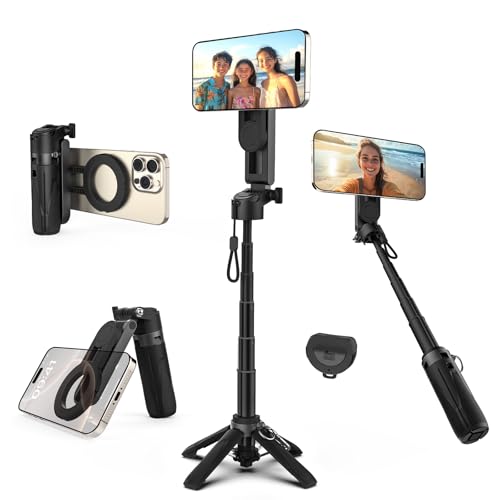 Takerers for Magsafe Tripod for iPhonePocket Size 4-in-1 Portable Magnetic Selfie Stick for iPhone Stand for Video Recording Travel Magnetic Phone Tripod with Remote Upgraded 4 Legs