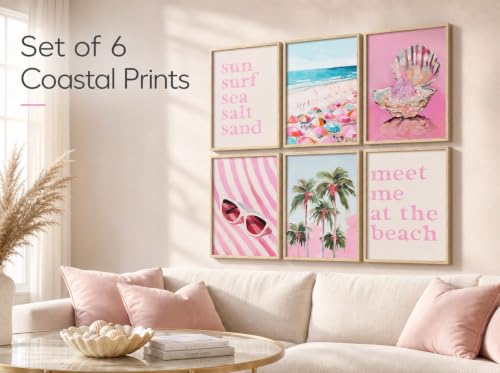 KKP 6Pcs Preppy Beach Wall Art, Pink Coastal Painting Pictures Wall Decor, Summer Beachy Aesthetic Posters Prints Artwork for Teen Girls Bedroom Dorm 12x16 Inch Unframed by KKP - Image 4