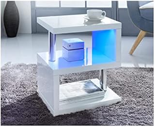 spot on dealz® High Gloss 2 Tier Side Coffee Table With LED Light Stunning Design Modern Look With Steel Tubes Living Room Decoration White Battery Operated