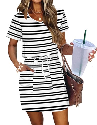 Image of AUSELILY Womens Summer Dresses 2026 Causal Short Sleeve V Neck Tie Front Mini Short Dress with Pockets