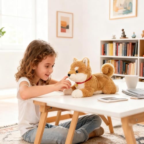 shjxi Hund Plüschtier - 38 Zentimeter Süßer Realistischer Welpe mit Einer Glocke,Liegende Hunde Kuscheltiere Realistisch,Für Babys Kleinkinder Geburtstag Weihnachten Halloween Interaktiv