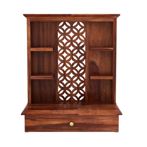 Handwoody Sheesham Wood Temple for Home | Pooja Mandir for Puja Room with 1 Drawer Storage & Shelf | Pooja Mandap Wood Religious Home Temple (Honey Finish)