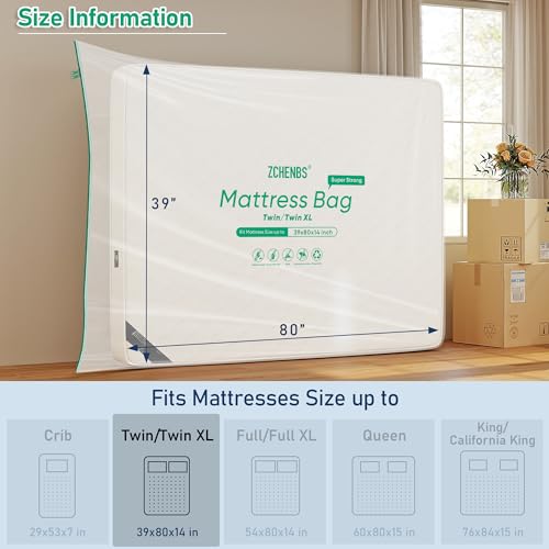 Image of ZCHENBS - Twin /Twin XL Mattress Bags for Moving, Waterproof Mattress Storage Bag with Zipper, Heavy-Duty 5 Mil Ultra-Thick Bed Protector Cover for Moving, Reusable (Transparent /Green, 1 Pack)