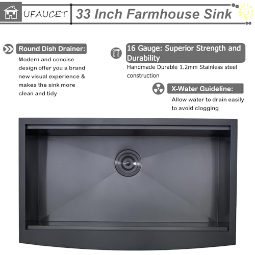 Image of 33 Inch Black Farmhouse Sink, Undermount Stainless Steel Apron Front Farm Kitchen Sink Single Bowl Workstation 16 Gauge 33x20x9 with Accessories