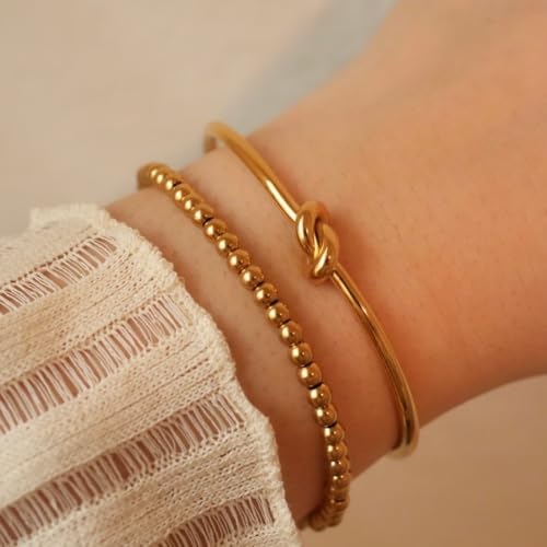 LUVA Love Knot Infinity Bangle Bracelet, Strand Beaded Ball Bracelet, Set of 2 Stackable Bracelets, 18K Gold Plated Stainless Steel, Waterproof, Anti Tarnish (Gold) by Luva Jewelry - Used condition - Image 3