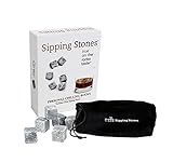 Whiskey Stones Gift Set - Set of 6 Grey Beverage Chilling Rocks in Gift Box with Velvet Freeze Bag - 100% Pure Soapstone Reusable Liquor and Wine Drinking Cubes - No Water Dilution!