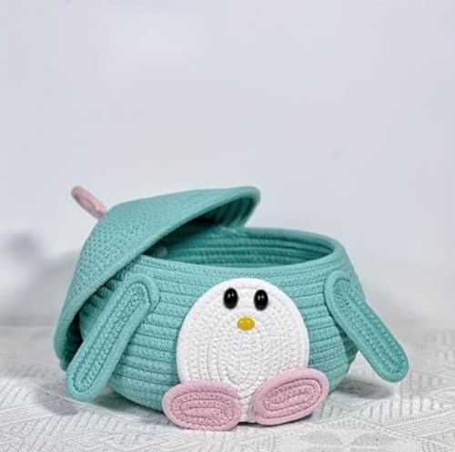 Image of BROOM Home Cute Baby Bear Handmade Jute Cotton Woven Storage Basket With Cap, Nursery Organizers And Storage,Kids Basket, Toy Bin, Baby Gift (Light Green)