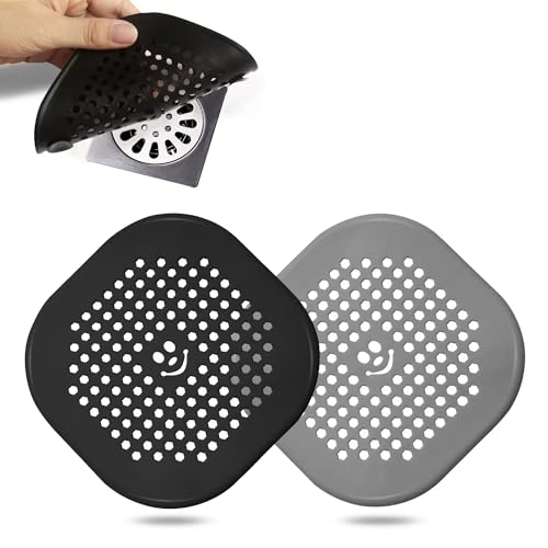 2 Pack Shower Drain Hair Catcher Silicone Drain Protector Hair Stopper with Suction Cup for Shower Kitchen Bathroom Black Grey