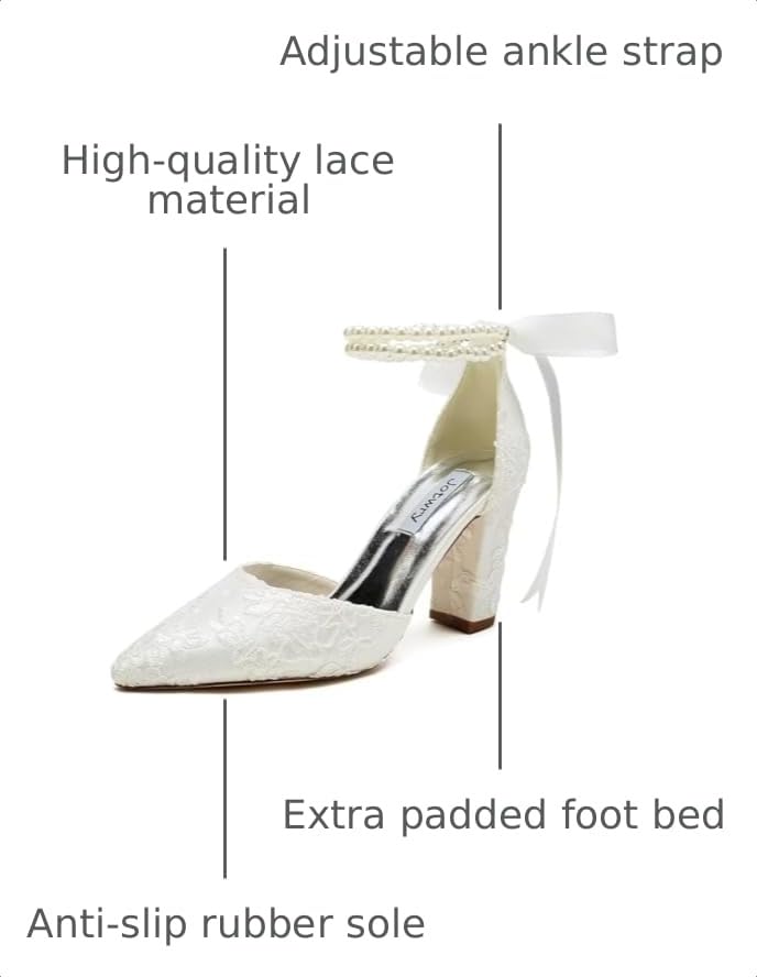 Image of Satin Wedding Shoes for Bride Block Heel Bridal Shoes Pointed Toe Pearl Wedding Heels