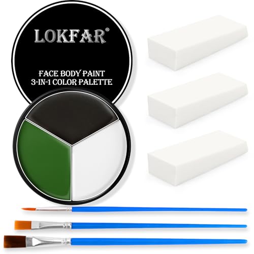 Black White Green Face & Body Paint - Blendable Facepaint Foundation with Sponge & Brush for Skin Professional Halloween Face Make-up Kit for Grinch Shrek Alien Frankenstein Wicked Witch Costume