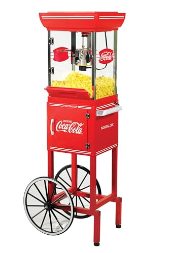Image of Nostalgia Coca-Cola Popcorn Maker - 48-Inch Vintage Movie Theater Style Cart with 2.5 Oz Kettle, 10 Cup Capacity, Lighted Interior, Storage Compartment, and Wheels - Red
