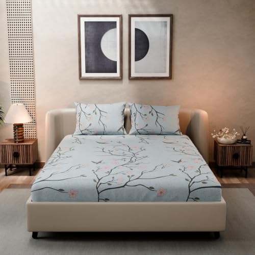 Image of BLISSHOME SoftTouch 140TC Cotton King Size Fitted Bedsheet with 2 Pillow Covers, Silky Smooth Bedding Set, Breathable, Easy Maintain, Floral Print - Grey, Pink (182cm x 198cm x 25cm Drop)