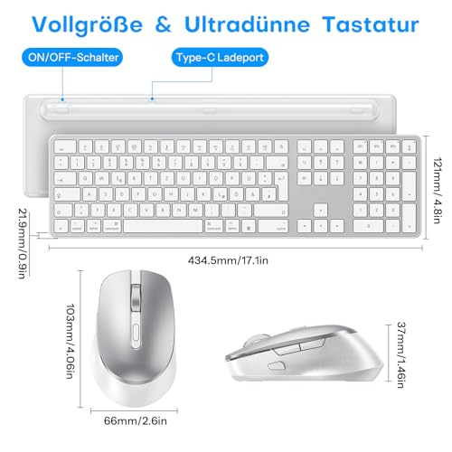 OMOTON Mac Tastatur Maus Set Kabellose für MacBook Air/Pro/iMac/iMac Pro/Mac mini, Bluetooth Funktastatur QWERTZ mit Maus Wiederaufladbar, Multi-Gerät, Ergonomisch, Leises Tippen, DE Layout