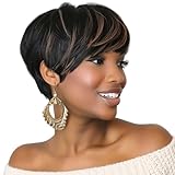 Short Pixie Cut Wigs for Black Women Auburn Pixie Cut Wig with Bangs Short Pixie HairCut Wigs Auburn Pixie wigs Black Short Straight Wig for Women Synthetic Short Layered Hairstyles Wigs for Women