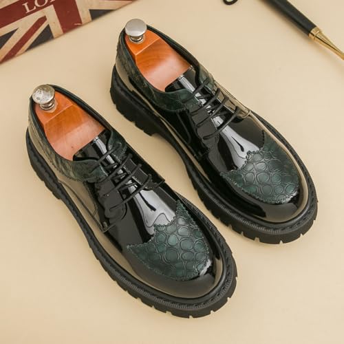 Image of Men's Patent Leather Platform Wingtip Oxford Shoes with Rivets Round Toe Lace Up Lug Sole Brogue Dress Shoes Comfortable Business Work Causal Derby Oxfords
