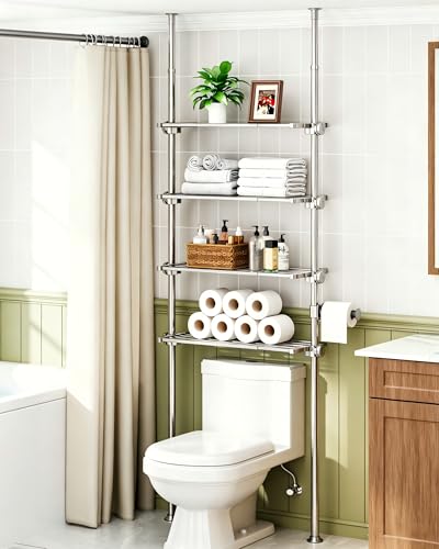 ALLZONE Over The Toilet Storage Cabinet, 4 Tier Over Toilet Bathroom Organizer, Adjustable Bathroom Shelves Over Toilet, Fit Most Showers on Above Toilet Storage, 92 to 116 Inch, Metal Shelves,Black