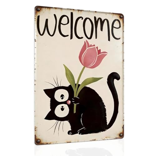 Welcome Sign for Front Door - Cat Vintage Metal Tin Signs Art Decor Decorations for Outdoor Entrance Front Porch Hanging Gift for Sweet Home Outside Outdoor Indoor Porch Wall Yard Gifts 8x12 Inch