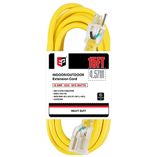 Ep 15 Ft Lighted Outdoor Extension Cord - 12/3 Sjtw Heavy Duty Yellow Extension Cable With 3 Prong Grounded Plug - 15Amp Power Cord For Lawn, Garden, Appliances #TOP2