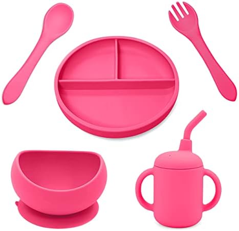 MunchEase Plate and Bowl Toddler Set Silicone Suction Portion Bowl and Plate with Spoon, Fork and Sippy Cup Premium Food Grade Silicone Non-BPA and Safe Soft on Gums Child & Baby - Pink