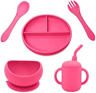 MunchEase Plate and Bowl Toddler Set Silicone Suction Portion Bowl and Plate with Spoon, Fork and Sippy Cup Premium Food Grade Silicone Non-BPA and Safe Soft on Gums Child & Baby - Pink