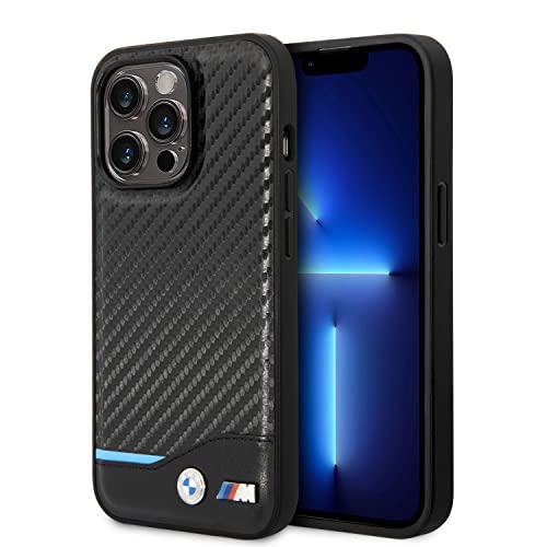 CG Mobile BMW Coque de téléphone pour iPhone 14 Pro en Noir avec Fond Horizontal Ligne Bleue, Coque de Protection et Durable en Fibre de Carbone PU avec Facile à Clipser, Absorption des Chocs et Logo