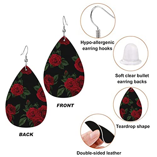 Vintage Red Rose Black Faux Leather Teardrop Earrings for Women Drop Dangle Earrings3