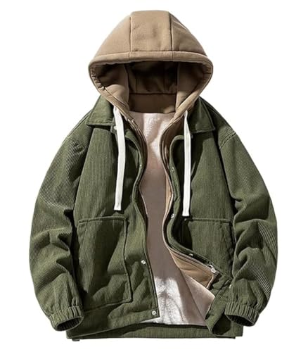 INVACHI Men's Padded Corduroy Jacket Drawstring Fuzzy Hoodie Casual Flannel Jacket