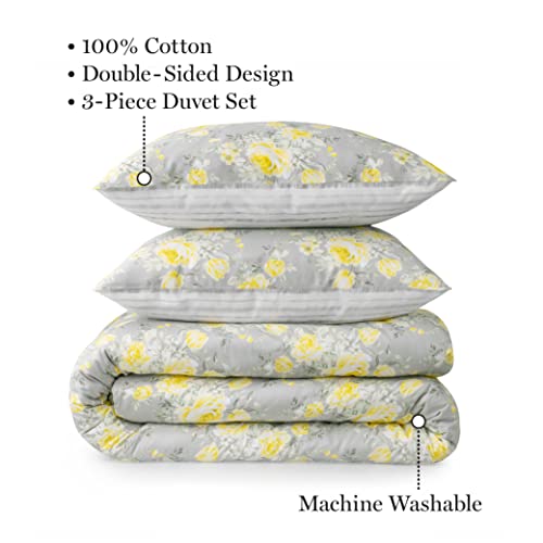 MARTHA STEWART Mariel King Size Duvet, 3 Piece Set-1 Duvet Cover, 2 Pillow Shams, Cotton-Percale, Soft, Reversible, Easy Wash, All Season 104"x92" with Button Closure, Grey/Yellow