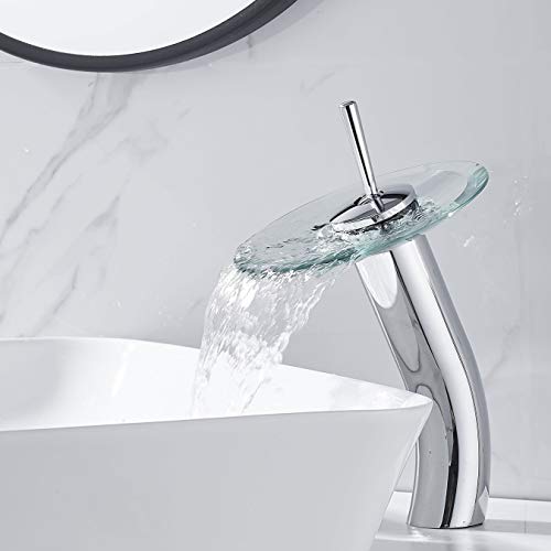 polished chrome vessel faucet - RODDEX Waterfall Bathroom Faucet Glass Single Handle Solid Brass Basin Lavatory Vessel Sink Vanity Faucet, Tall, Polished Chrome