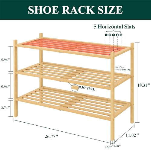 Image of Smiry Bamboo Shoe Rack, 5 Horizontal Slats, 3 Tier - 26.8 inch Wide, Natural