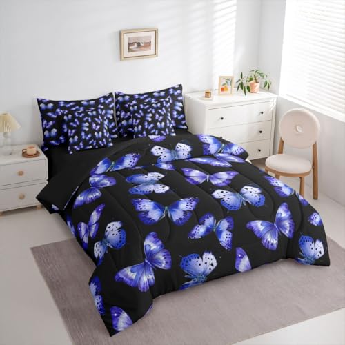 Image of Purple Butterfly 7 Pieces Bedding Set Twin Size,Flying Butterflies Bed in a Bag,Watercolor Oil Painting Bed Set Includes Comforter,Sheet Set,Pillowcases & Pillow Covers,Modern Aesthetic Bedroom Decor