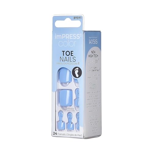 KISS imPRESS No Glue Pedi Press-On Toenails, Light Blue, Sky Blue, Squoval Shape, Includes 24 Nails, Prep Pad, 1 Manicure Stick, 1 Mini File