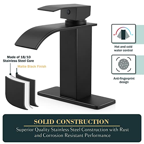 Image of Herogo Bathroom Faucet with Sink Drain, Matte Black Single Handle Waterfall Bathroom Sink Faucet with Water Supply Hoses for 1 Hole or 3 Holes, Stainless Steel, for Vanity RV Lavatory