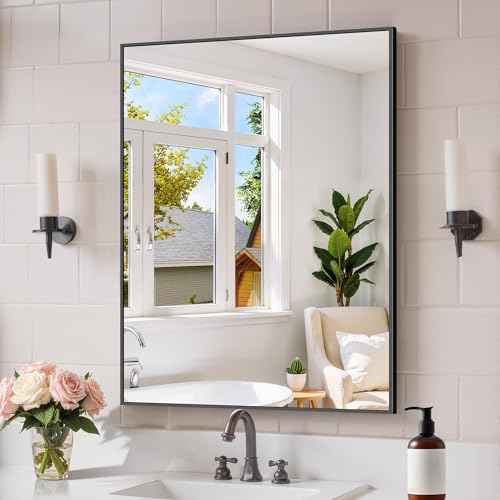 Image of COFENY Black Bathroom Mirror for Wall, 24x32 Inch Rectangle Mirror with Metal Frame, Modern Vanity Mirrors for Bathroom Living Room, Entryway Hangs Horizontal or Vertical