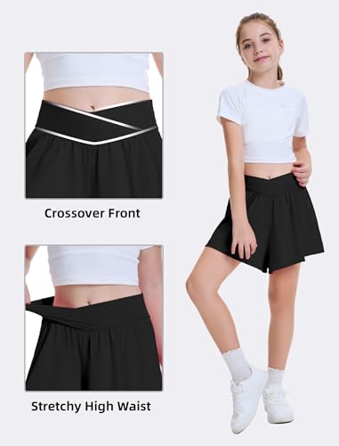 FireSwan Girls Butterfly Shorts Crossover Athletic Shorts with Pockets 2 in 1 Flowy Running Skorts for Teen, Girls, Youth4
