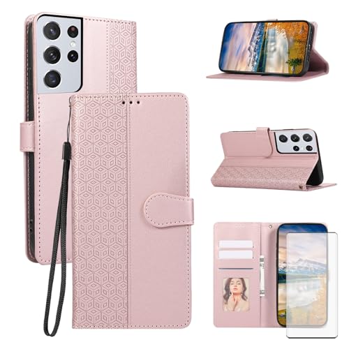 Asuwish Funda tipo cartera para Samsung Galaxy S21 Ultra 5G con protector de pantalla de vidrio templado y correa para la muñeca, ranura para tarjetas de crédito, función atril, S21ultra 21S, S, 21,