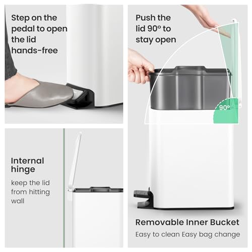 Cesun-Small-Bathroom-Trash-Can-with-Lid-16-Gal-Soft-Close-White-Step-pedal-soft-close-Slim-59in-fits-narrow-spaces-Stainless-steel-Anti-fingerprint-Removable-inner-bucket-Odor-seal