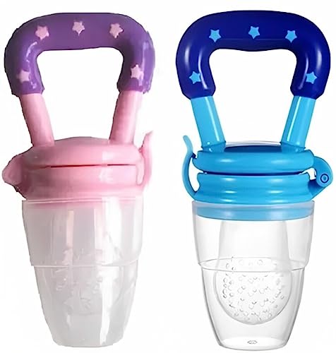 Image of Yummy Baby Fresh Fruit & Food Feeding Teether (2 Pack), Food Grade, BPA-Free, Ultra-Soft Silicone Pouches (Blue /Purple Stars)